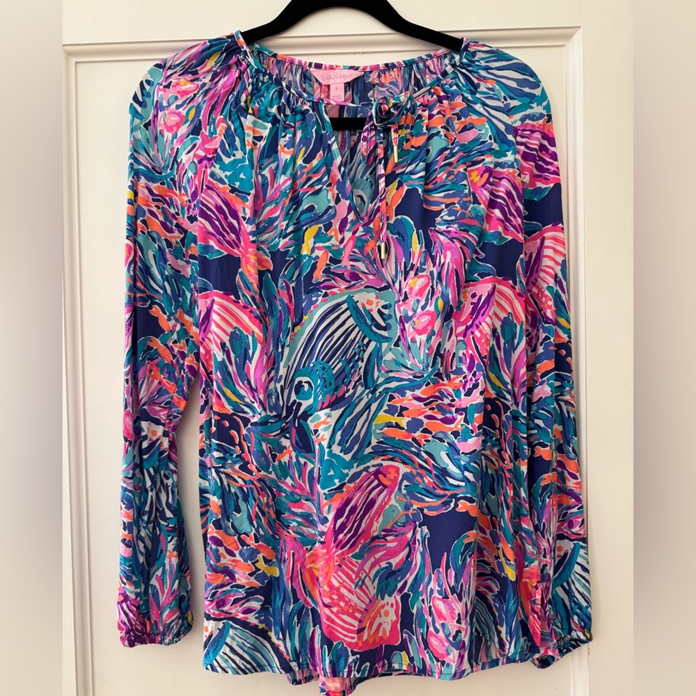 Lilly Pulitzer, long sleeve top with tie, neck size small